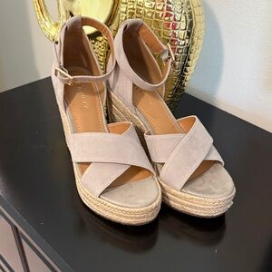 Tan Suede Espadrille Wedge Sandals with Ankle Strap